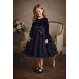 Vintage 90s Navy Velvet Lace Dress 6X Satin Bow Pearl Button Cuffs Holiday Event